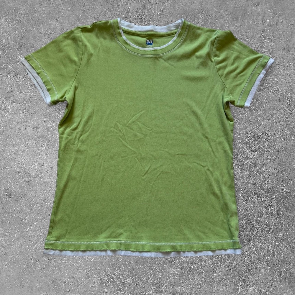 SB Active Vintage 90s Green White Ringer Baby Tee Cotton Shirt Womens Medium